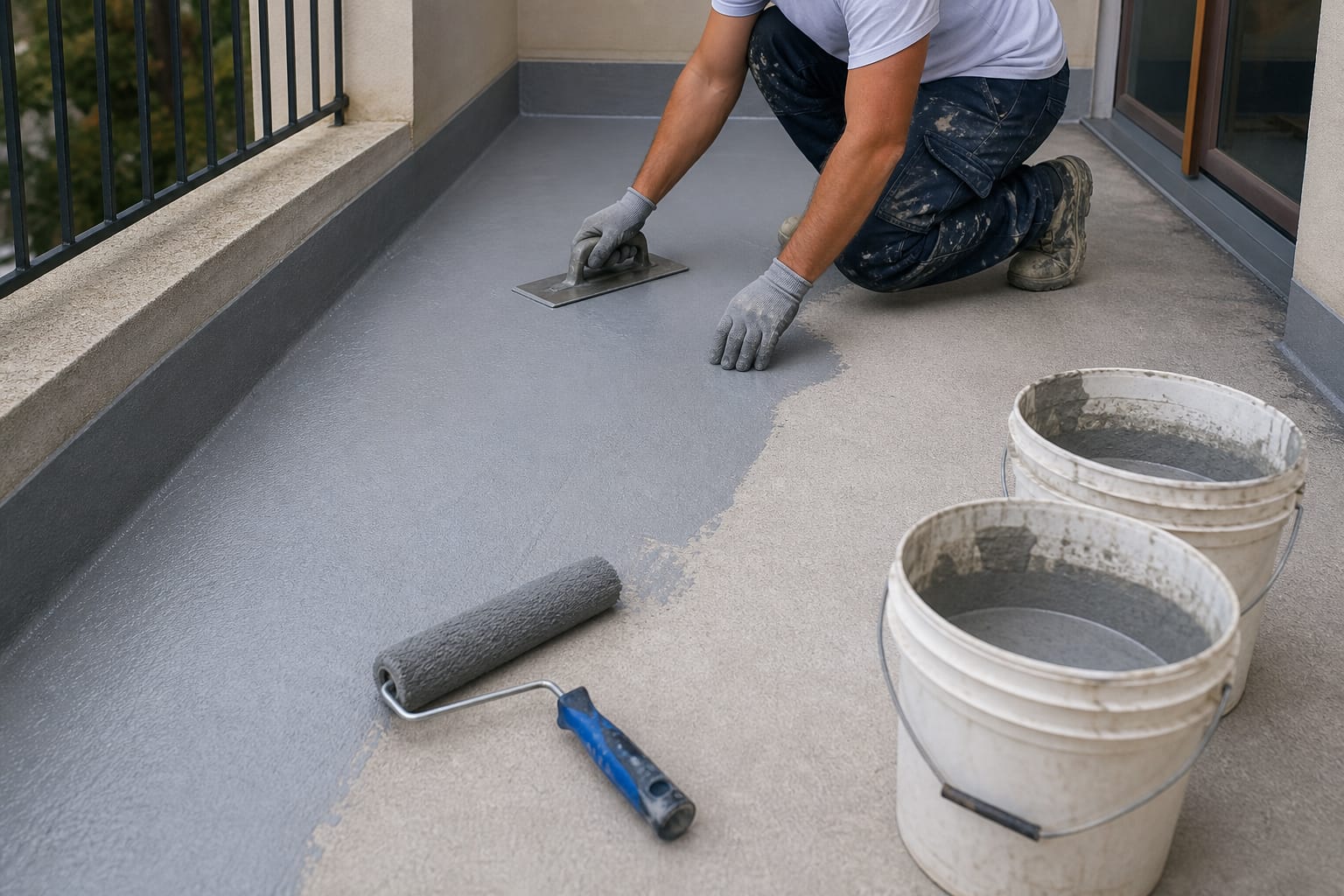 Applicazione di Mapelastic Mapei su balcone prima della posa delle piastrelle