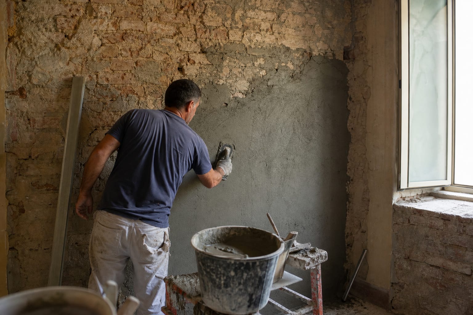 Malta per intonaco applicata su una parete interna durante la lavorazione