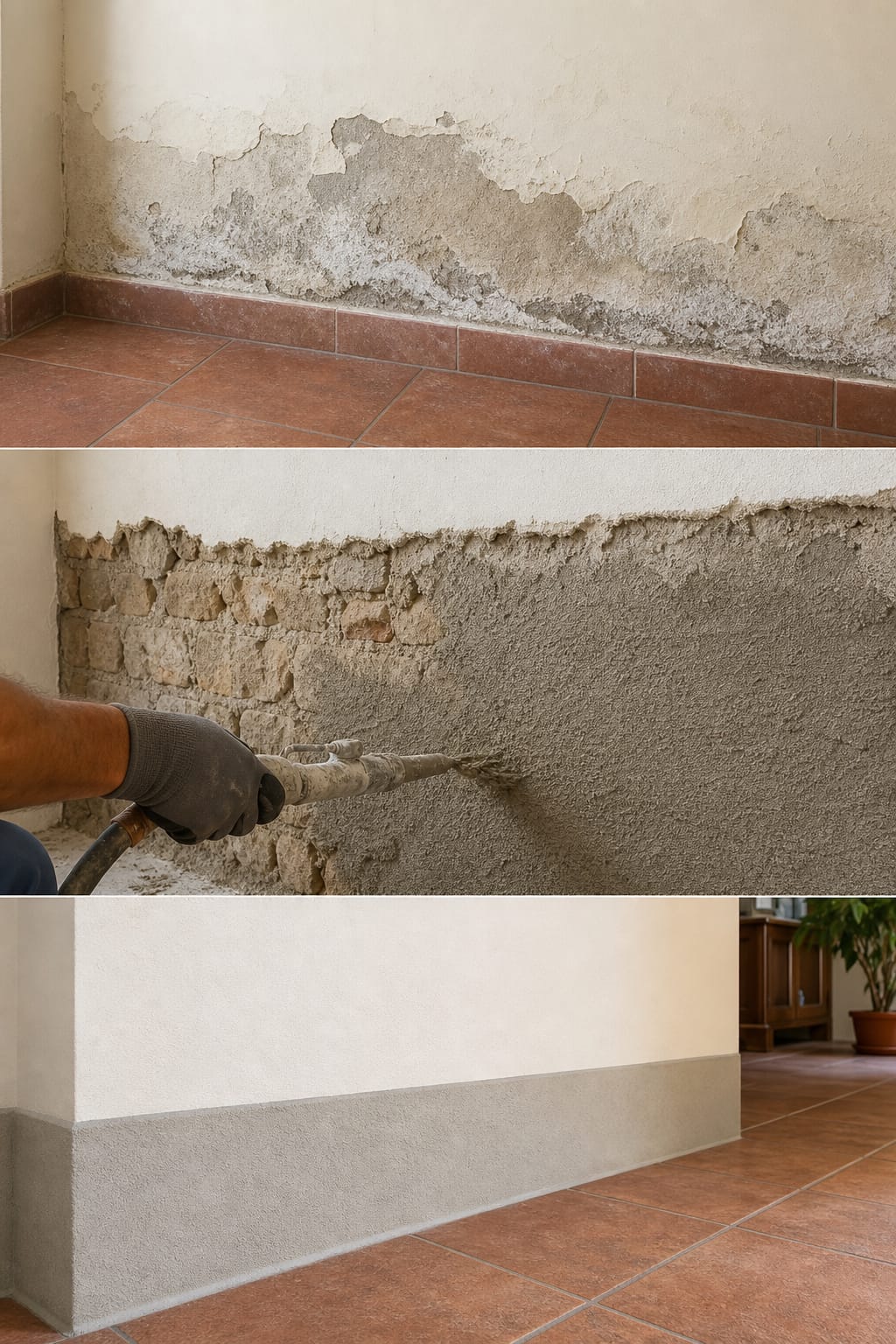 Fasi di preparazione e applicazione di kerakoll tasciugo su una parete con umidità di risalita